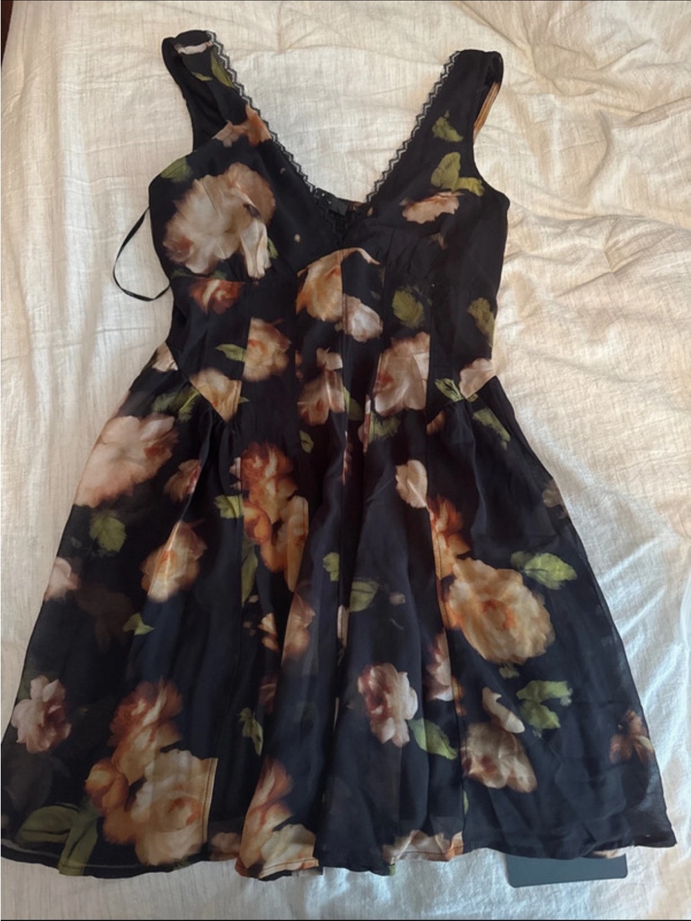Women’s Black Floral Dress with Lace Trim